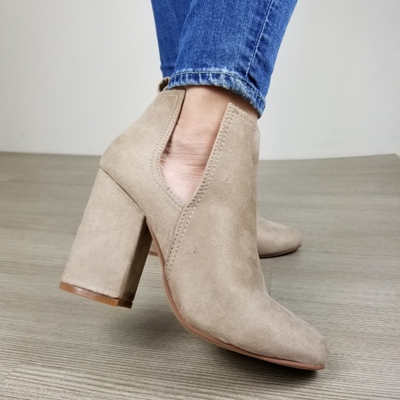 Vegan Suede Tan Cute Ankle Boots W/ Open Sides - Picture 7 of 8
